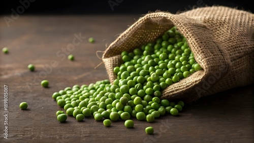 Fresh Green Peas Spilling from Rustic Burlap Sack, Captured with High Contrast Lighting, Showcasing Vibrant Color, Organic Texture, and Farm to Table Natural Food Aesthetic