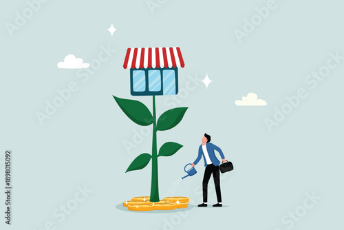 Grow your store and earn more profits, expand store displays or grow small businesses, marketing to promote stores to increase revenue, entrepreneurs water plants to grow flowers in large stores.