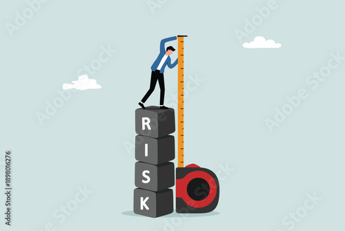 Analyzing the level of potential danger, measuring acceptable monetary loss for investment, the concept of control, business investors stand on a pile of risk boxes to measure their assessment.