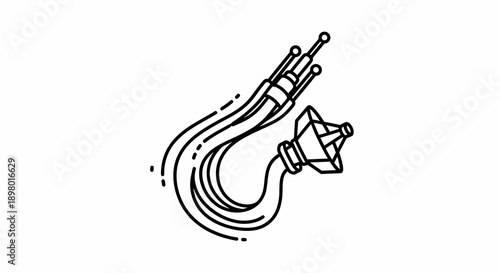 Modern Fiber Optic Cable with Data Flow Lines Connected to a Satellite Dish Device, Line Art Vector Illustration