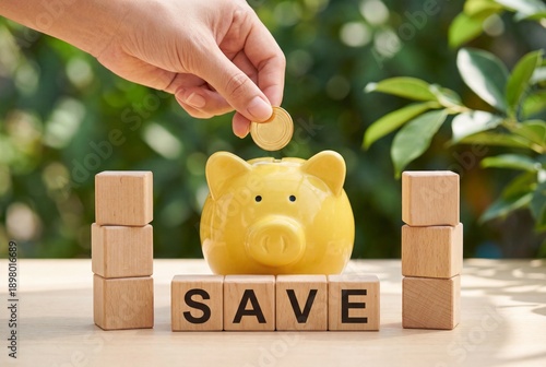 Hand drops coin into piggy bank with SAVE wooden blocks for financial savings