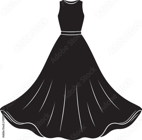 Maxi dress silhouette with wide hem.