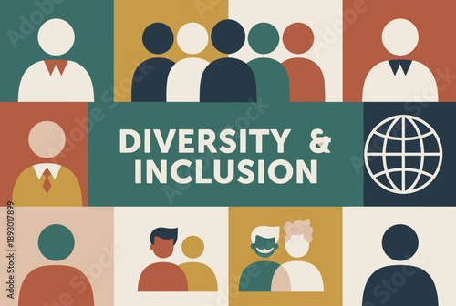 A graphic illustration promoting diversity and inclusion with various stylized people icons and a globe on a multi-colored background.