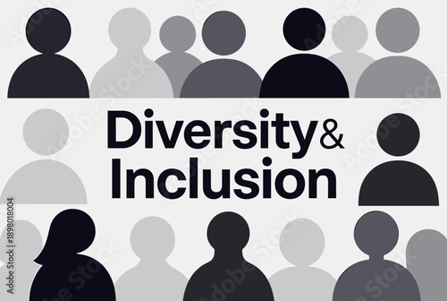 A graphic illustration featuring a diverse group of people silhouettes surrounding the bold text 'Diversity & Inclusion' in varying shades of grey.