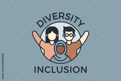 Illustration depicting diversity and inclusion with three stylized figures, representing different backgrounds and identities, within a circular emblem on a blue-grey background.