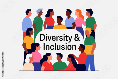 An illustration depicting a diverse group of men and women of various ethnicities and backgrounds surrounding a speech bubble with the text 'Diversity & Inclusion', symbolizing unity and equality.