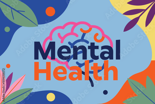 A vibrant illustration promoting mental health awareness with a stylized brain icon and abstract natural elements on a blue background.