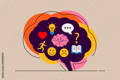 Stylized illustration of a human brain filled with icons representing thoughts, emotions, ideas, learning, and communication, symbolizing mental processes and well-being.