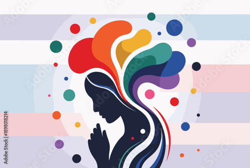 A silhouette of a person in contemplation with a vibrant burst of colorful thoughts and emotions emanating from their head, surrounded by colorful dots.
