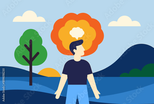 Man experiencing a burst of thoughts or stress, depicted with an explosion above his head in a flat design landscape.