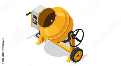 Isometric illustration of a yellow cement mixer on a white background.