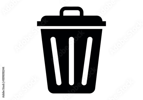 Black Trash Can Icon with Lid, Waste Disposal Symbol, Simple Flat Design vector illustration