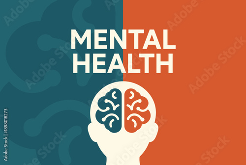 A graphic illustration depicting mental health awareness with a stylized brain and human head on a split teal and orange background.
