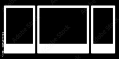 Set of Three Blank White Instant Photo Film Frames on Black Background for Creative Photography Collages and Digital Scrapbooking Layouts