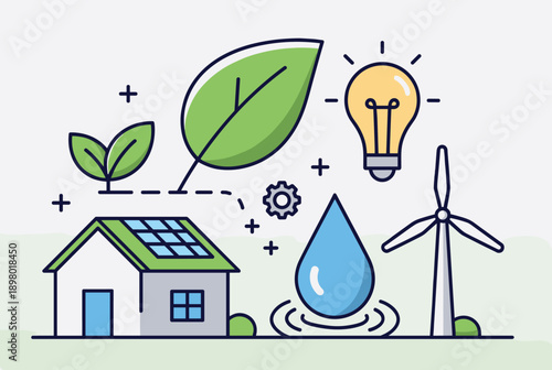 An illustration showcasing various elements of sustainable living, renewable energy sources, and environmental conservation, including solar power, wind energy, and water resources.