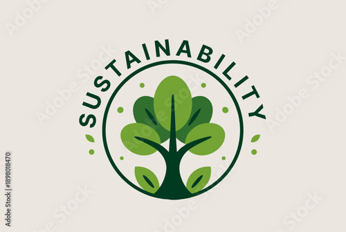 A green tree logo with the word "SUSTAINABILITY" arched above it, symbolizing environmental care and eco-friendly practices.
