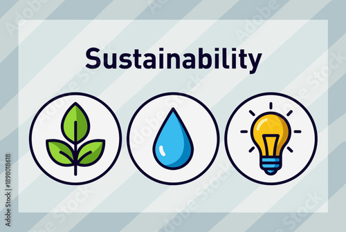 Illustration depicting sustainability concepts with icons for nature, water, and energy, set against a striped background.