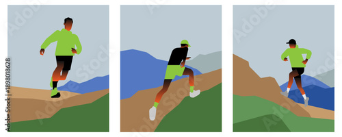 Stylized trail runners on mountain paths in vibrant scenery.