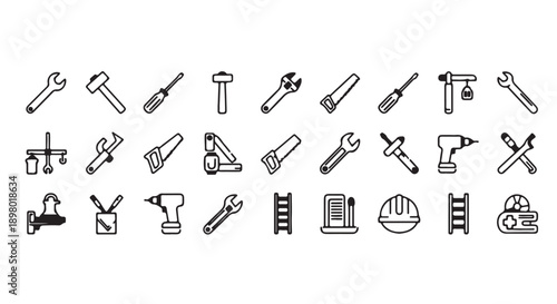 Vector set of 25 black line icons of construction tools and equipment, including drills, wrenches, saws, and safety gear