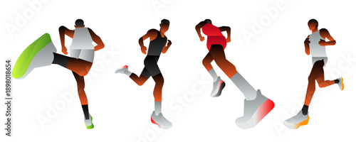 Stylized runners in dynamic poses with vibrant gradients.