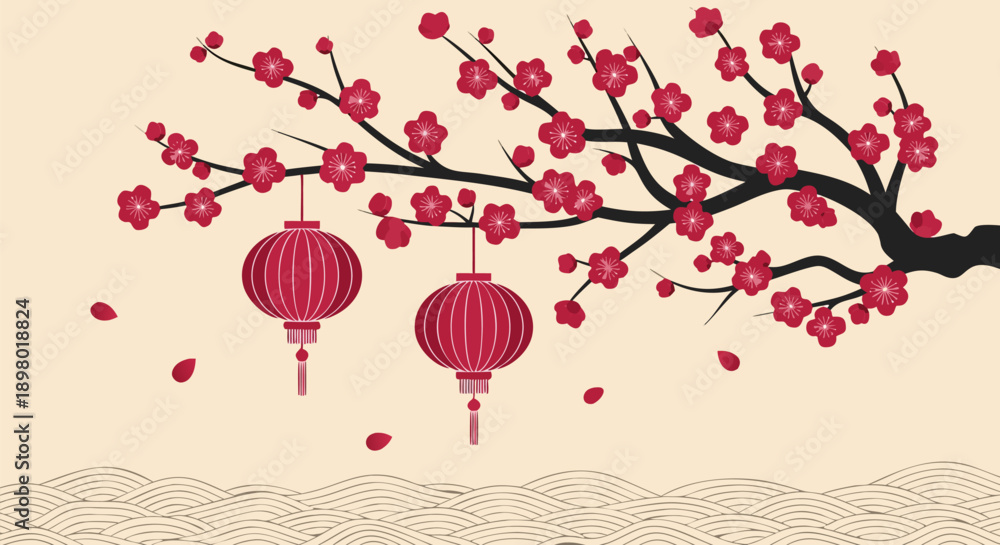 Fototapeta premium Beautiful Spring Blossom Tree with Red Lanterns Vector Illustration for Chinese New Year and Festivals