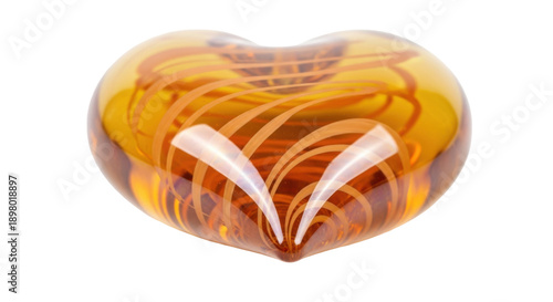 Canvas Print Amber heart-shaped glass paperweight with swirls isolated on transparent backgro