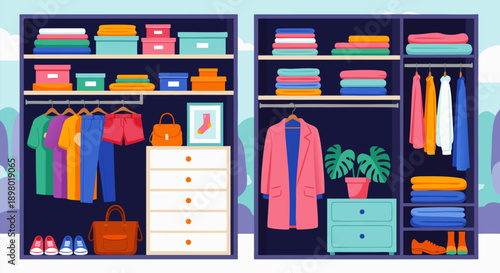 Organized wardrobe vector illustration with colorful clothing and accessories neatly arranged on shelves and hangers