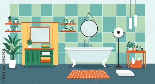 Charming Vector Illustration of a Cozy Bathroom with Plants and Bathtub