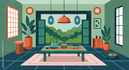 Vector illustration of a serene Japanese-style room with a tea set and lush green landscape visible through the windows