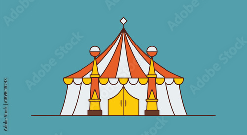 Circus Tent Vector Illustration Flat Design with Colorful Stripes and Grand Entrance for Entertainment Events