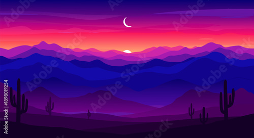 Vibrant desert landscape vector illustration with rolling hills at sunset and crescent moon in the sky