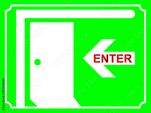 Professional Green Enter Signage with White Door Icon and Directional Arrow for Building Wayfinding and Public Access Guidance.