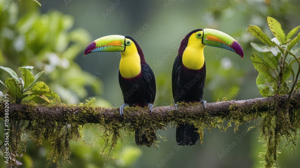 Obraz premium Costa Rican jungle scene with two toucans on a branch
