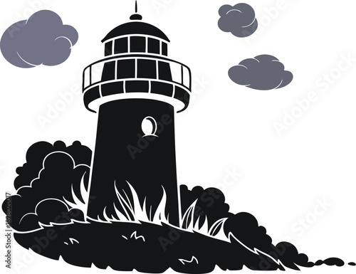 Black and white lighthouse illustration on rocky shore. Vintage nautical scene with clouds, waves, and coastal landscape in bold graphic style. Classic vector artwork for maritime branding, posters, l
