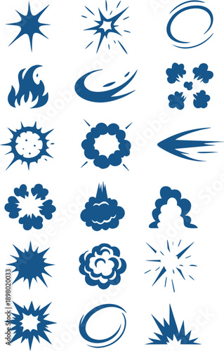 Blue abstract motion and energy icons set. Flames, splashes, bursts, swirls, and dynamic shapes in clean vector style. Modern graphic elements for effects, games, comics, branding, and digital design.