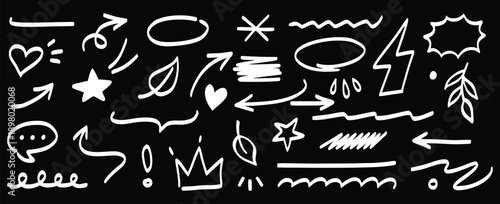 Hand drawn white doodle icon set on black background. Arrows, stars, hearts, crowns, speech bubbles, and sketchy marks in playful style. Modern vector elements for social media, stickers, branding, an