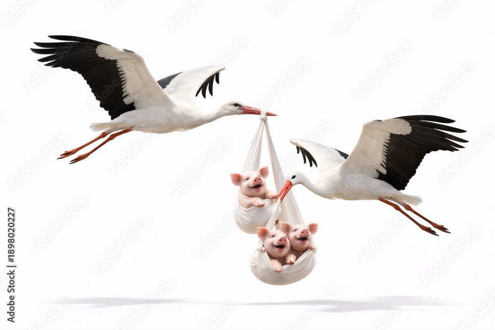 Obraz premium Storks Delivering Cute Piglets in Flight