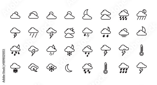 Weather icons set, line style, rain clouds, lightning bolts, temperature symbols, 