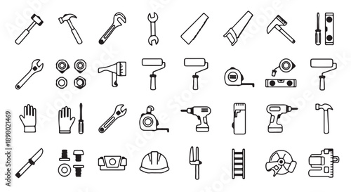 vector line icons of various hand tools and construction equipment,