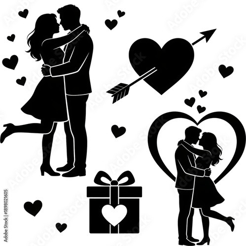 Love's Embrace: Silhouetted figures of romantic couples are embracing in each other's arms, along with a symbolic representation of love's arrow piercing the heart, surrounded by hearts and gift box.