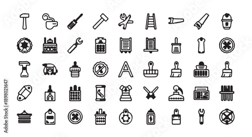 Black line icons of various tools and objects for website, app, or UI