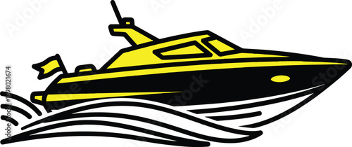 A stylized illustration of a speedboat cruising on water waves