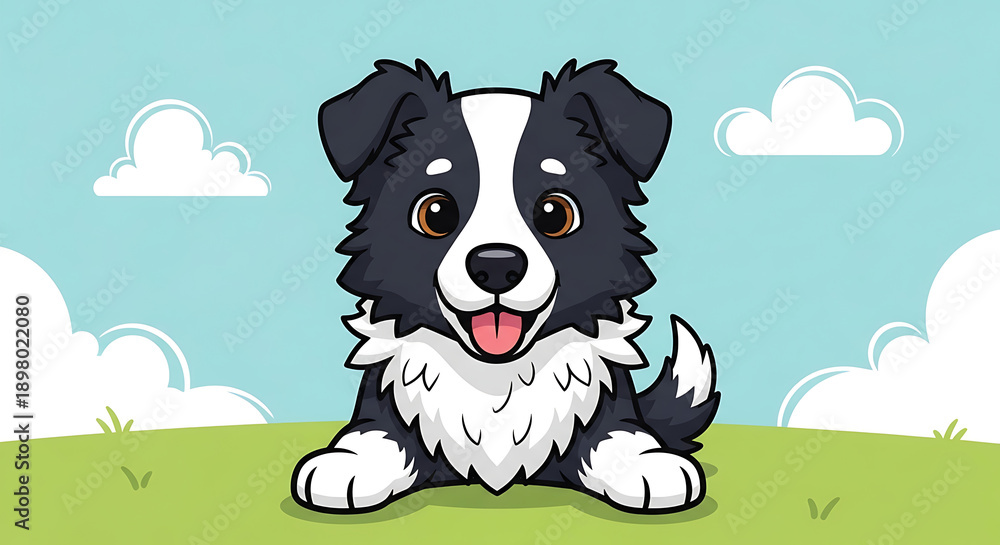 Obraz premium Adorable black and white cartoon dog lying on green grass.
