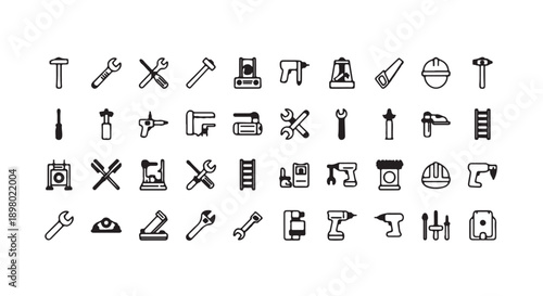 Vector set of 30 black and white construction tools icons, including hammer, screwdriver, pliers, saw, drill, wrench, and level, or presentation