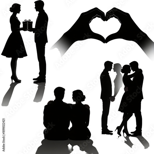 Silhouette of Love: A compilation of elegant silhouettes depicts the essence of romance, from the exchange of gifts to shared moments of tenderness. The image captures the core elements of love.