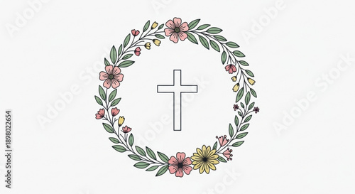 Christian Cross Wreath with Flowers and Leaves on White Background