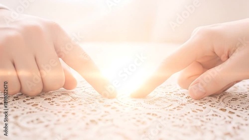 Coquette Aesthetic Close-up of Couple's Fingers Brushing Lace Tablecloth Valentines Day