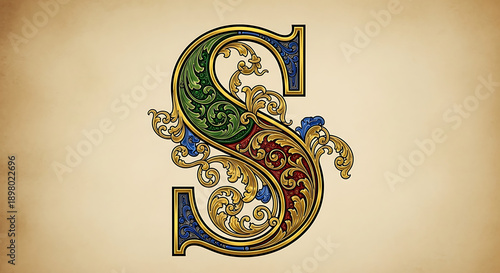 Ornate Vintage Letter S with Floral Decorations and Golden Accents.