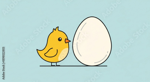 Yellow Chick Standing Next to White Egg on Light Blue Background