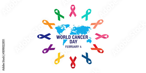 World Cancer Day Graphic: Colorful Awareness Ribbons Circling a Global Map